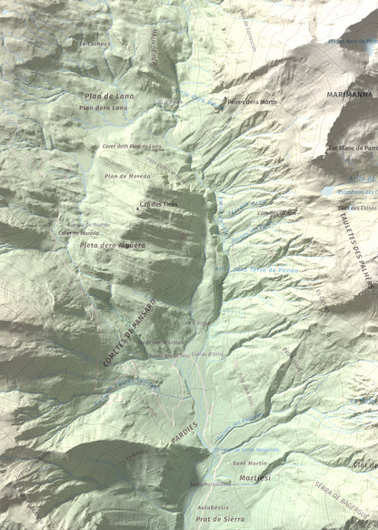 Mapa de relieve de Tuc de Parros, 2731 m, Val d'Aran, lámina 100 Cims de Trobart. Detalle de la zona inferior izquierda. 50 × 70 cm.
