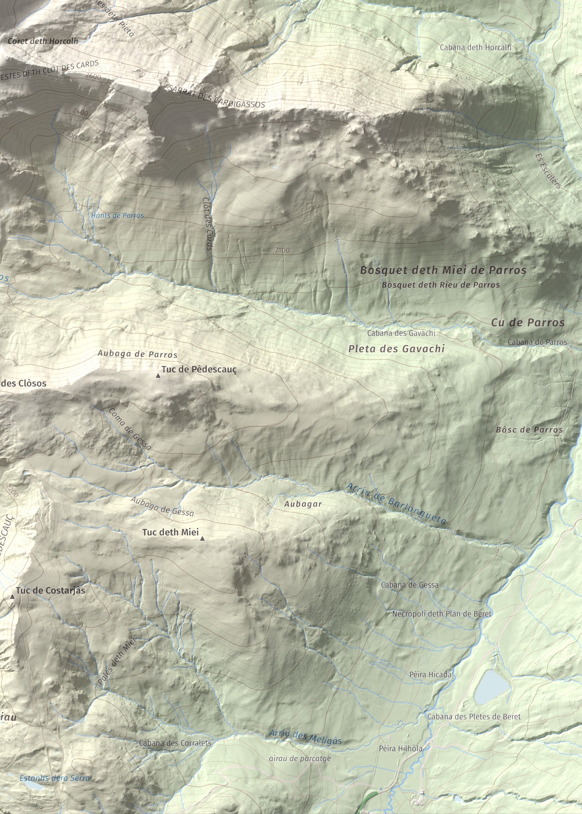 Mapa de relieve de Tuc de Parros, 2731 m, Val d'Aran, lámina 100 Cims de Trobart. Detalle de la zona inferior derecha. 50 × 70 cm.