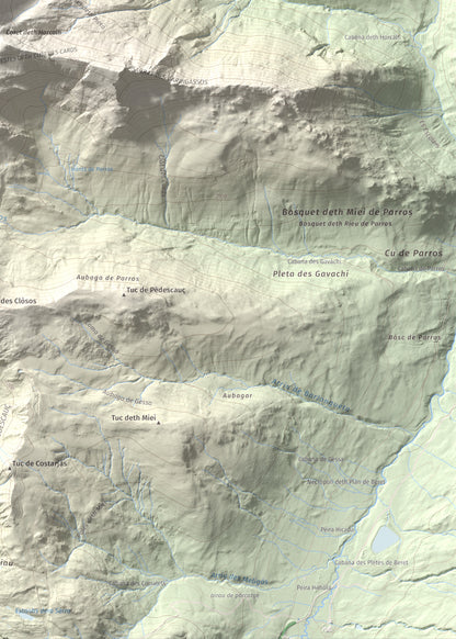 Mapa de relieve de Tuc de Parros, 2731 m, Val d'Aran, lámina 100 Cims de Trobart. Detalle de la zona inferior derecha. 50 × 70 cm.