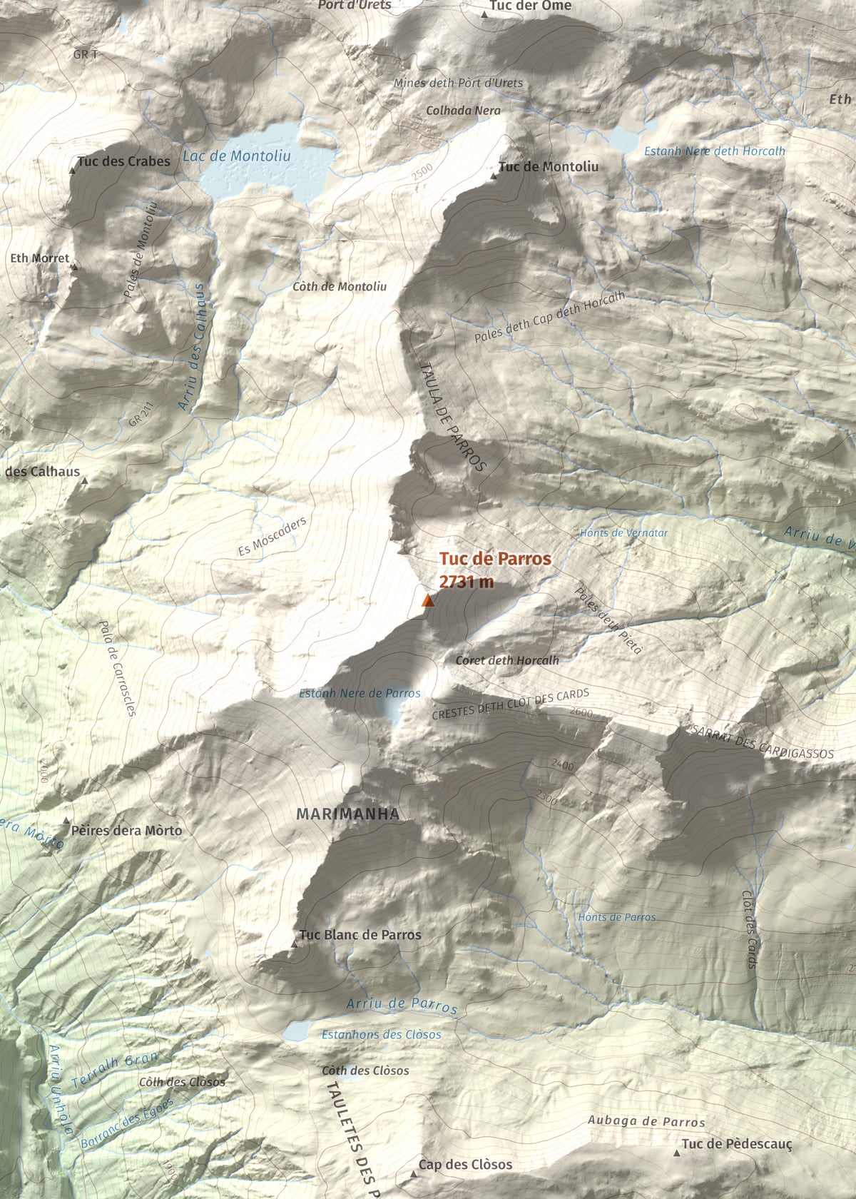 Mapa de relieve de Tuc de Parros, 2731 m, Val d'Aran, lámina 100 Cims de Trobart. Detalle de la zona central. 50 × 70 cm.