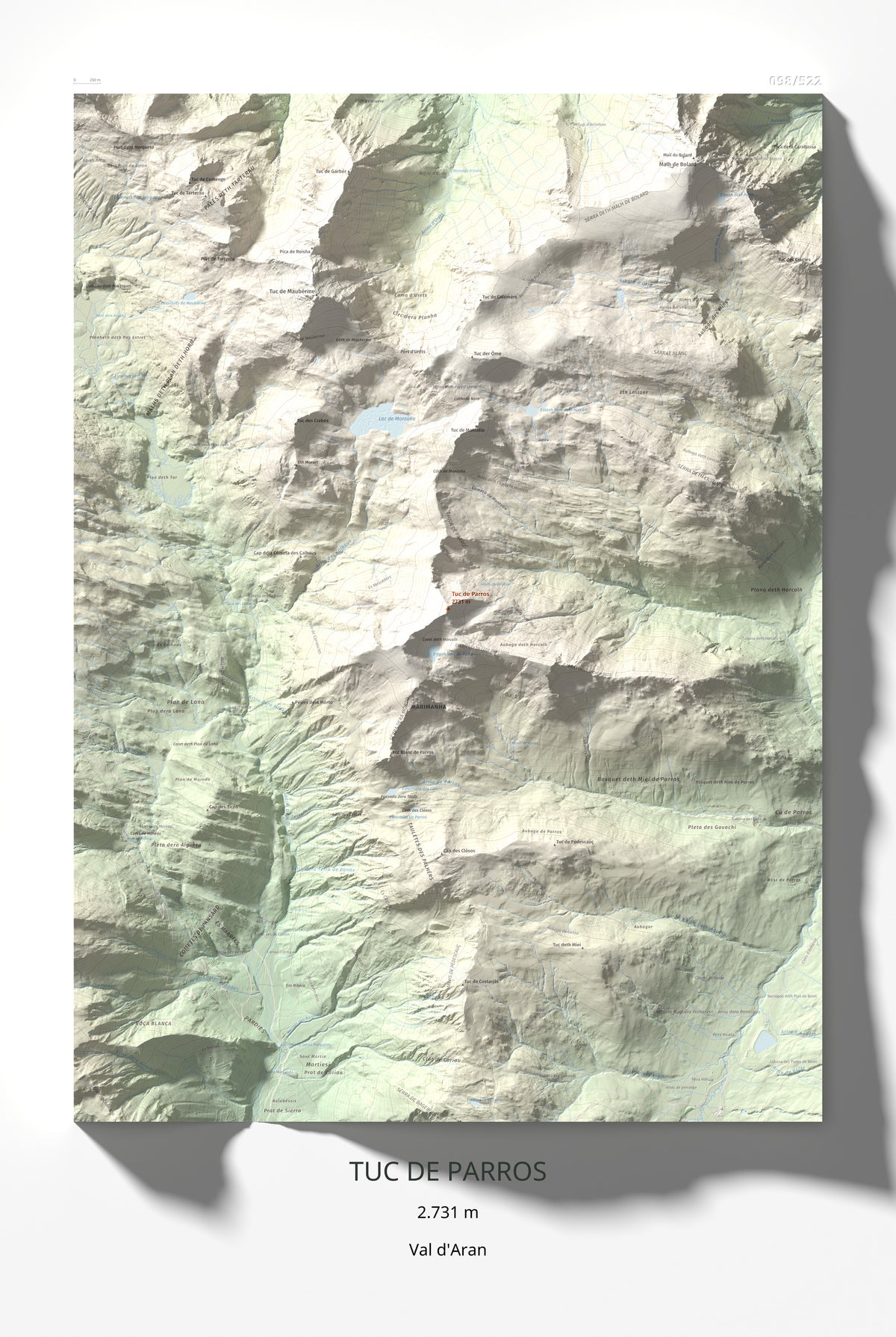 Mapa de relieve de Tuc de Parros, 2731 m, Val d'Aran, lámina 100 Cims de Trobart 61 × 91 cm.