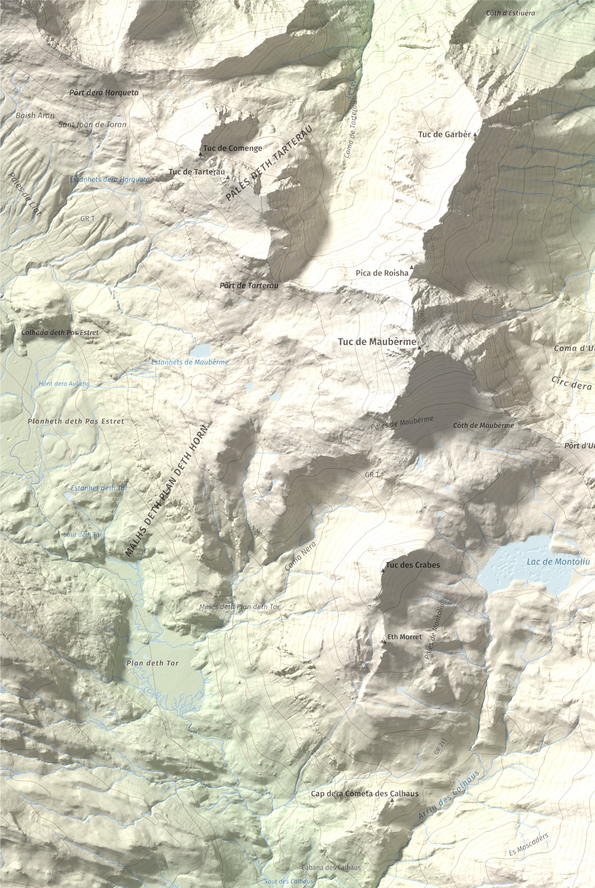 Mapa de relieve de Tuc de Parros, 2731 m, Val d'Aran, lámina 100 Cims de Trobart. Detalle de la zona superior izquierda. 61 × 91 cm.
