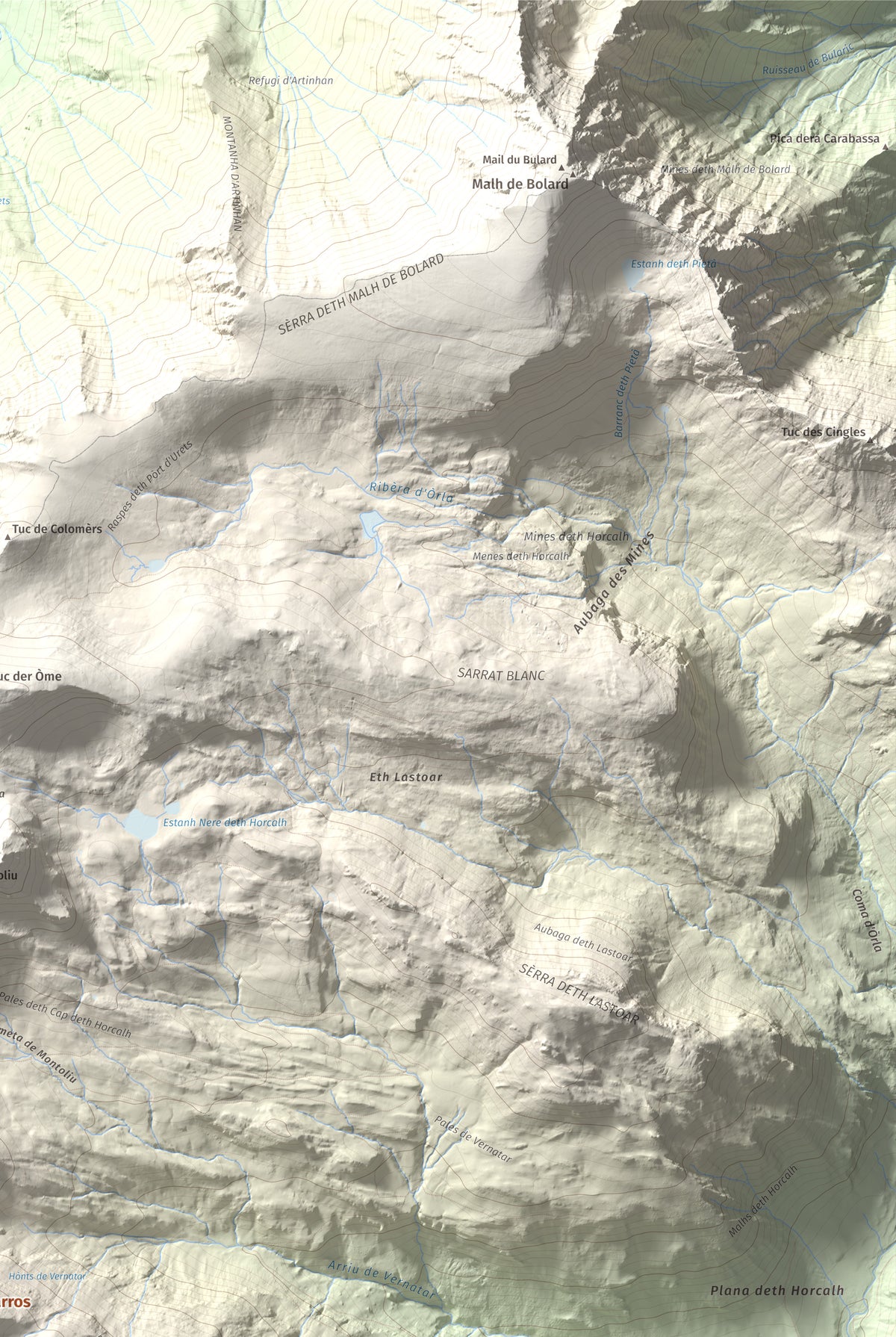 Mapa de relieve de Tuc de Parros, 2731 m, Val d'Aran, lámina 100 Cims de Trobart. Detalle de la zona superior derecha. 61 × 91 cm.