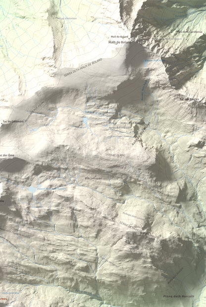 Mapa de relieve de Tuc de Parros, 2731 m, Val d'Aran, lámina 100 Cims de Trobart. Detalle de la zona superior derecha. 61 × 91 cm.