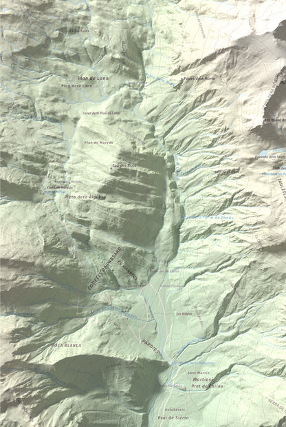 Mapa de relieve de Tuc de Parros, 2731 m, Val d'Aran, lámina 100 Cims de Trobart. Detalle de la zona inferior izquierda. 61 × 91 cm.