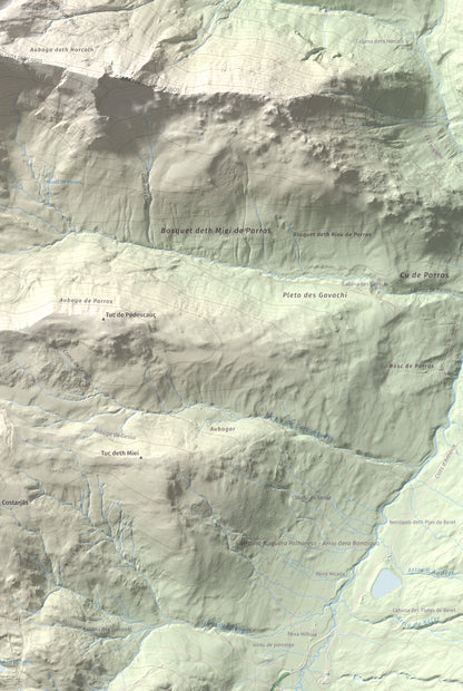 Mapa de relieve de Tuc de Parros, 2731 m, Val d'Aran, lámina 100 Cims de Trobart. Detalle de la zona inferior derecha. 61 × 91 cm.