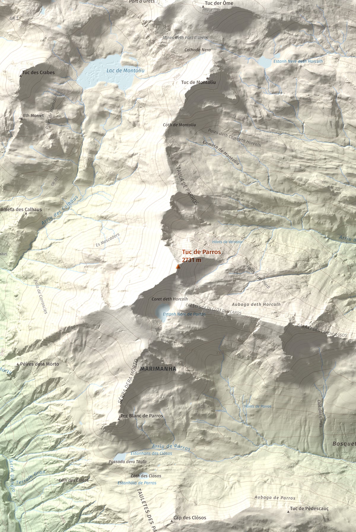 Mapa de relieve de Tuc de Parros, 2731 m, Val d'Aran, lámina 100 Cims de Trobart. Detalle de la zona central. 61 × 91 cm.