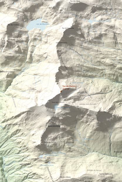 Mapa de relieve de Tuc de Parros, 2731 m, Val d'Aran, lámina 100 Cims de Trobart. Detalle de la zona central. 61 × 91 cm.