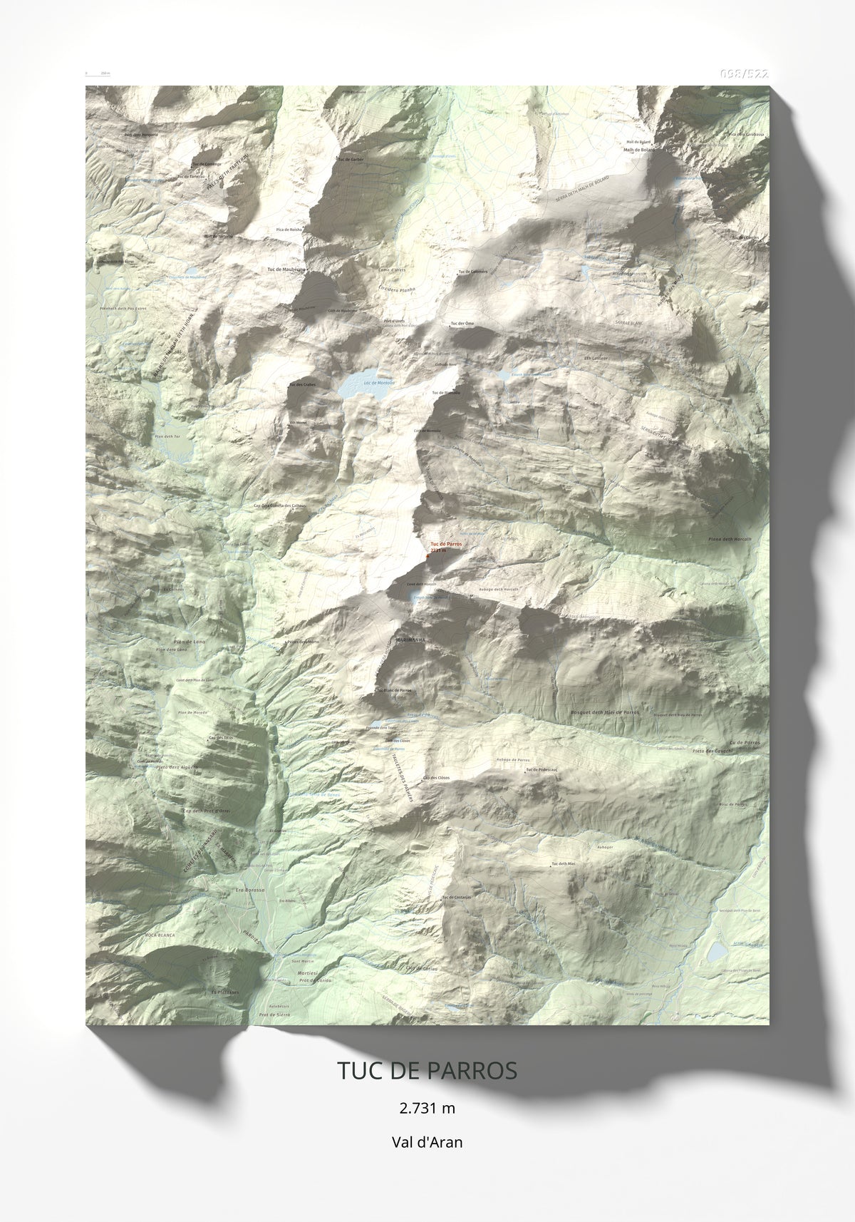Mapa de relieve de Tuc de Parros, 2731 m, Val d'Aran, lámina 100 Cims de Trobart 70 × 100 cm.