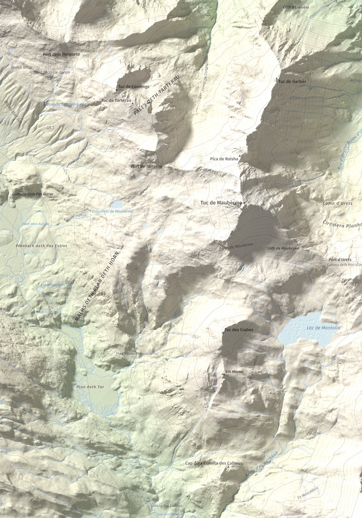 Mapa de relieve de Tuc de Parros, 2731 m, Val d'Aran, lámina 100 Cims de Trobart. Detalle de la zona superior izquierda. 70 × 100 cm.