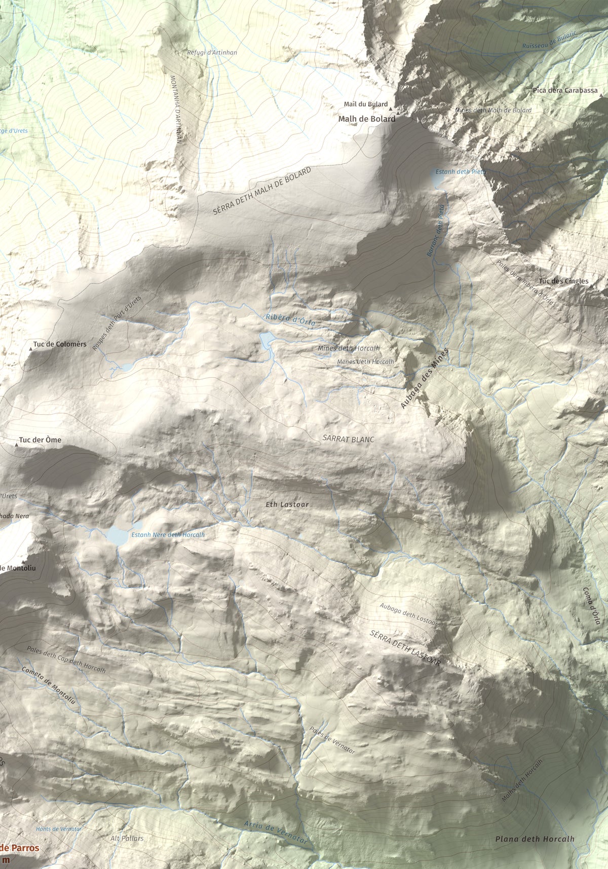 Mapa de relieve de Tuc de Parros, 2731 m, Val d'Aran, lámina 100 Cims de Trobart. Detalle de la zona superior derecha. 70 × 100 cm.