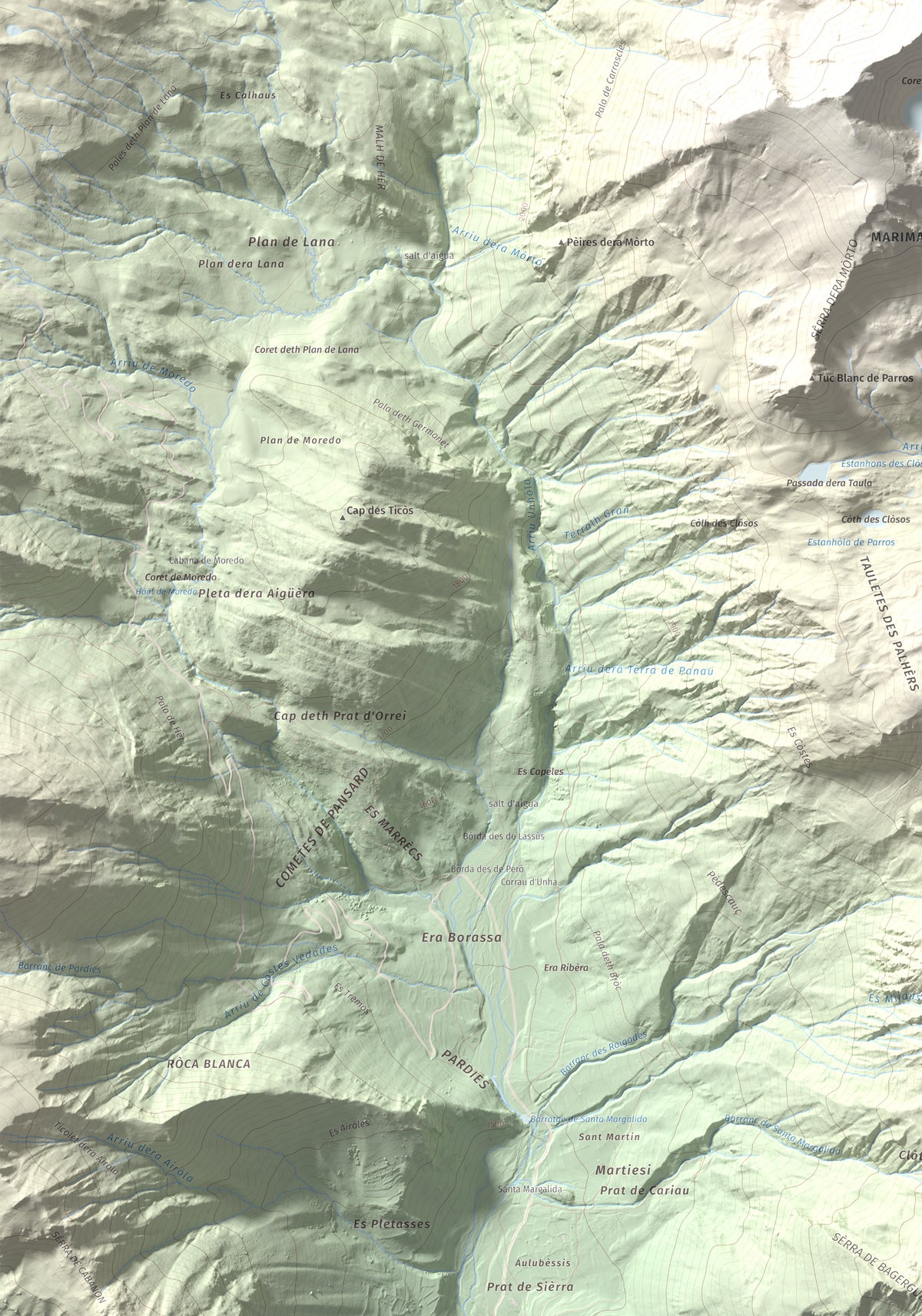 Mapa de relieve de Tuc de Parros, 2731 m, Val d'Aran, lámina 100 Cims de Trobart. Detalle de la zona inferior izquierda. 70 × 100 cm.