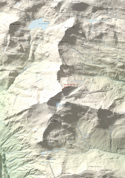 Mapa de relieve de Tuc de Parros, 2731 m, Val d'Aran, lámina 100 Cims de Trobart. Detalle de la zona central. 70 × 100 cm.