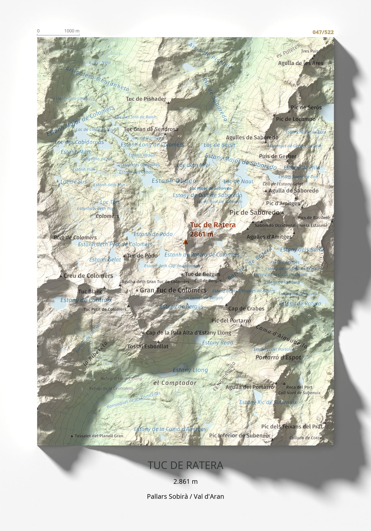 Mapa de relieve de Tuc de Ratera, 2861 m, Pallars Sobirà · Val d'Aran, lámina 100 Cims de Trobart 21 × 30 cm.