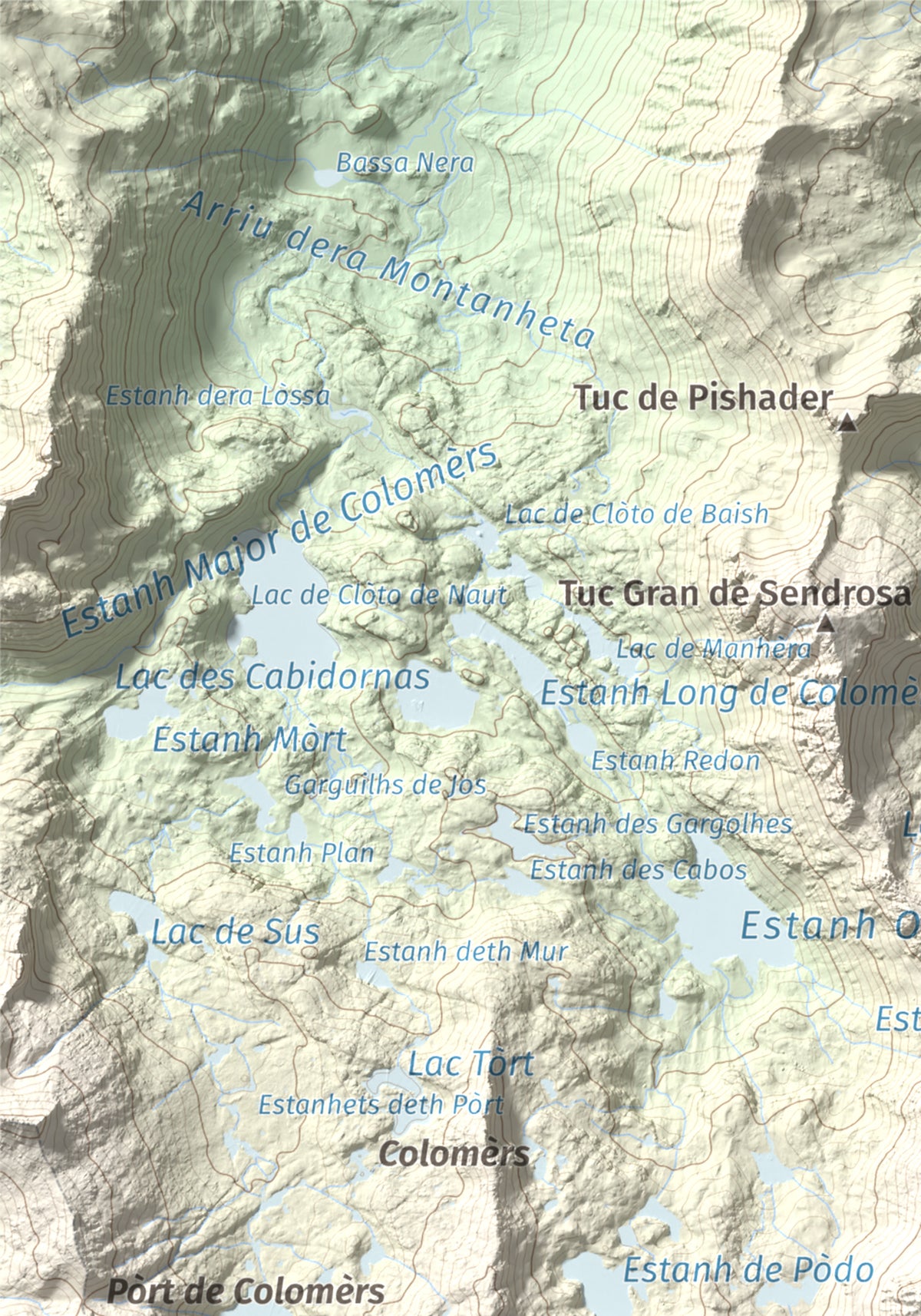 Mapa de relieve de Tuc de Ratera, 2861 m, Pallars Sobirà · Val d'Aran, lámina 100 Cims de Trobart. Detalle de la zona superior izquierda. 21 × 30 cm.