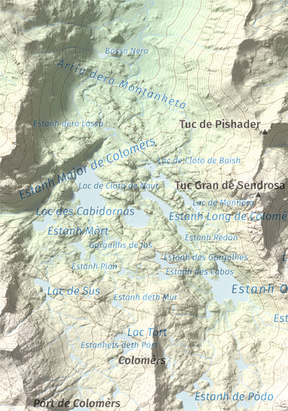 Mapa de relieve de Tuc de Ratera, 2861 m, Pallars Sobirà · Val d'Aran, lámina 100 Cims de Trobart. Detalle de la zona superior izquierda. 21 × 30 cm.
