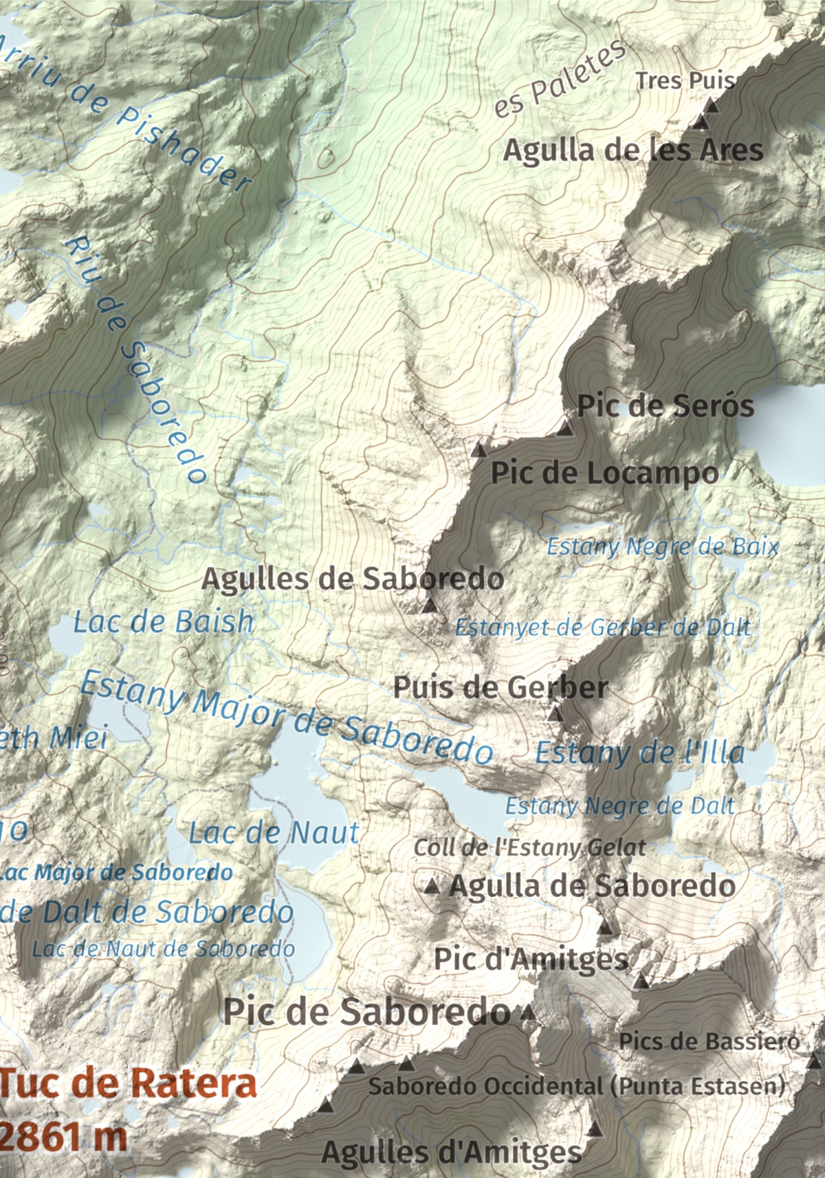 Mapa de relieve de Tuc de Ratera, 2861 m, Pallars Sobirà · Val d'Aran, lámina 100 Cims de Trobart. Detalle de la zona superior derecha. 21 × 30 cm.