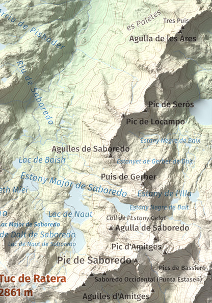 Mapa de relieve de Tuc de Ratera, 2861 m, Pallars Sobirà · Val d'Aran, lámina 100 Cims de Trobart. Detalle de la zona superior derecha. 21 × 30 cm.