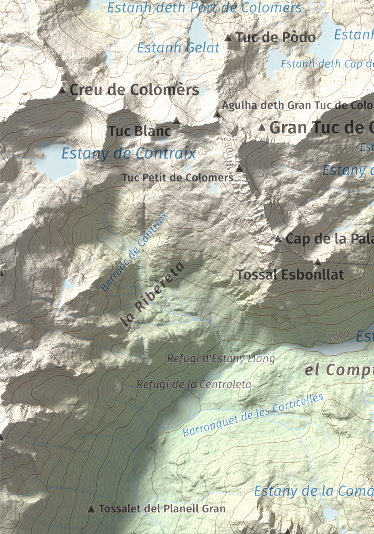 Mapa de relieve de Tuc de Ratera, 2861 m, Pallars Sobirà · Val d'Aran, lámina 100 Cims de Trobart. Detalle de la zona inferior izquierda. 21 × 30 cm.