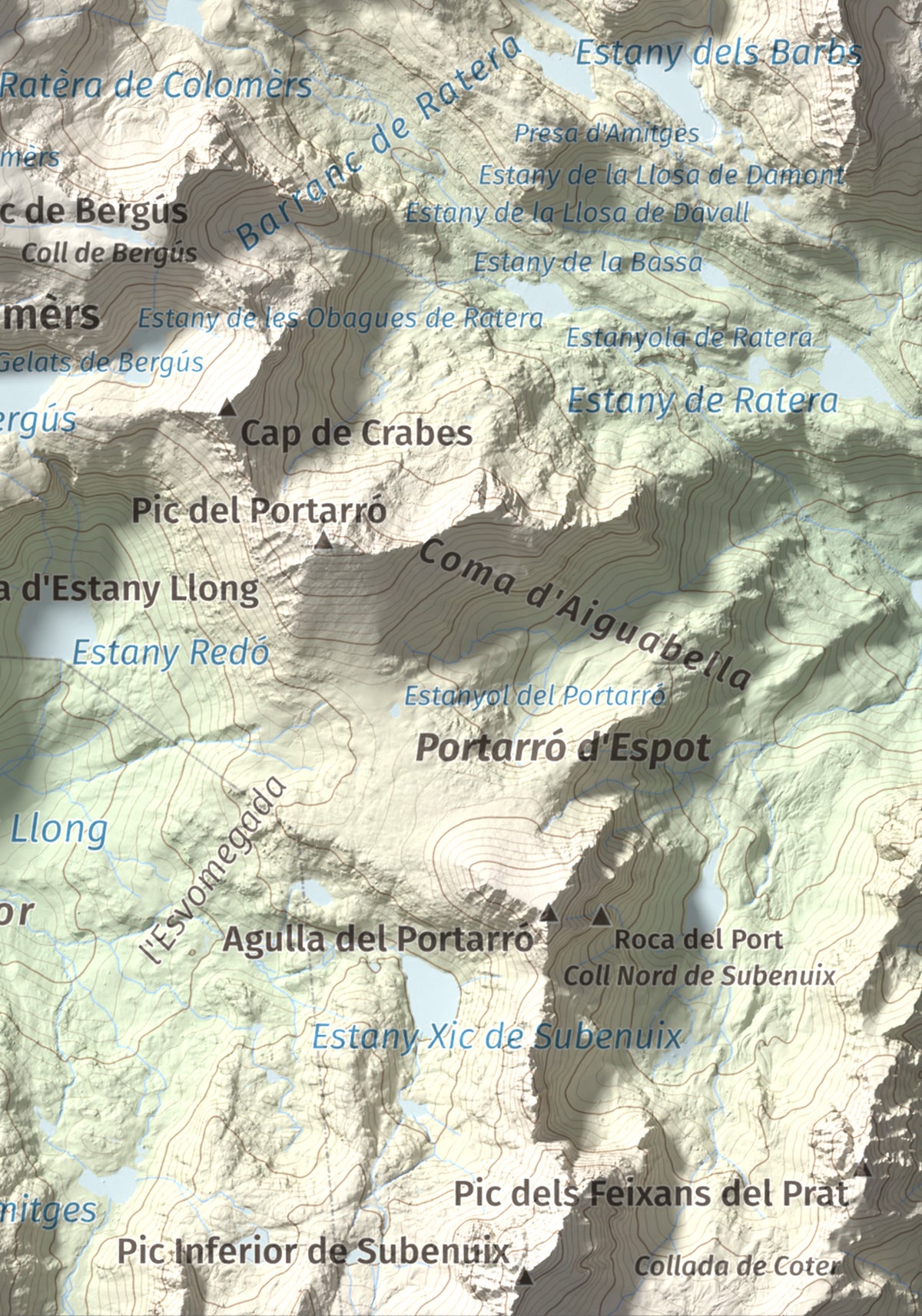 Mapa de relieve de Tuc de Ratera, 2861 m, Pallars Sobirà · Val d'Aran, lámina 100 Cims de Trobart. Detalle de la zona inferior derecha. 21 × 30 cm.
