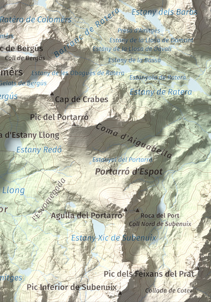 Mapa de relieve de Tuc de Ratera, 2861 m, Pallars Sobirà · Val d'Aran, lámina 100 Cims de Trobart. Detalle de la zona inferior derecha. 21 × 30 cm.