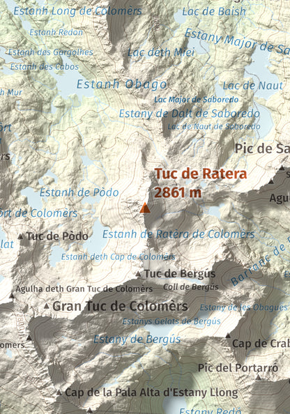Mapa de relieve de Tuc de Ratera, 2861 m, Pallars Sobirà · Val d'Aran, lámina 100 Cims de Trobart. Detalle de la zona central. 21 × 30 cm.