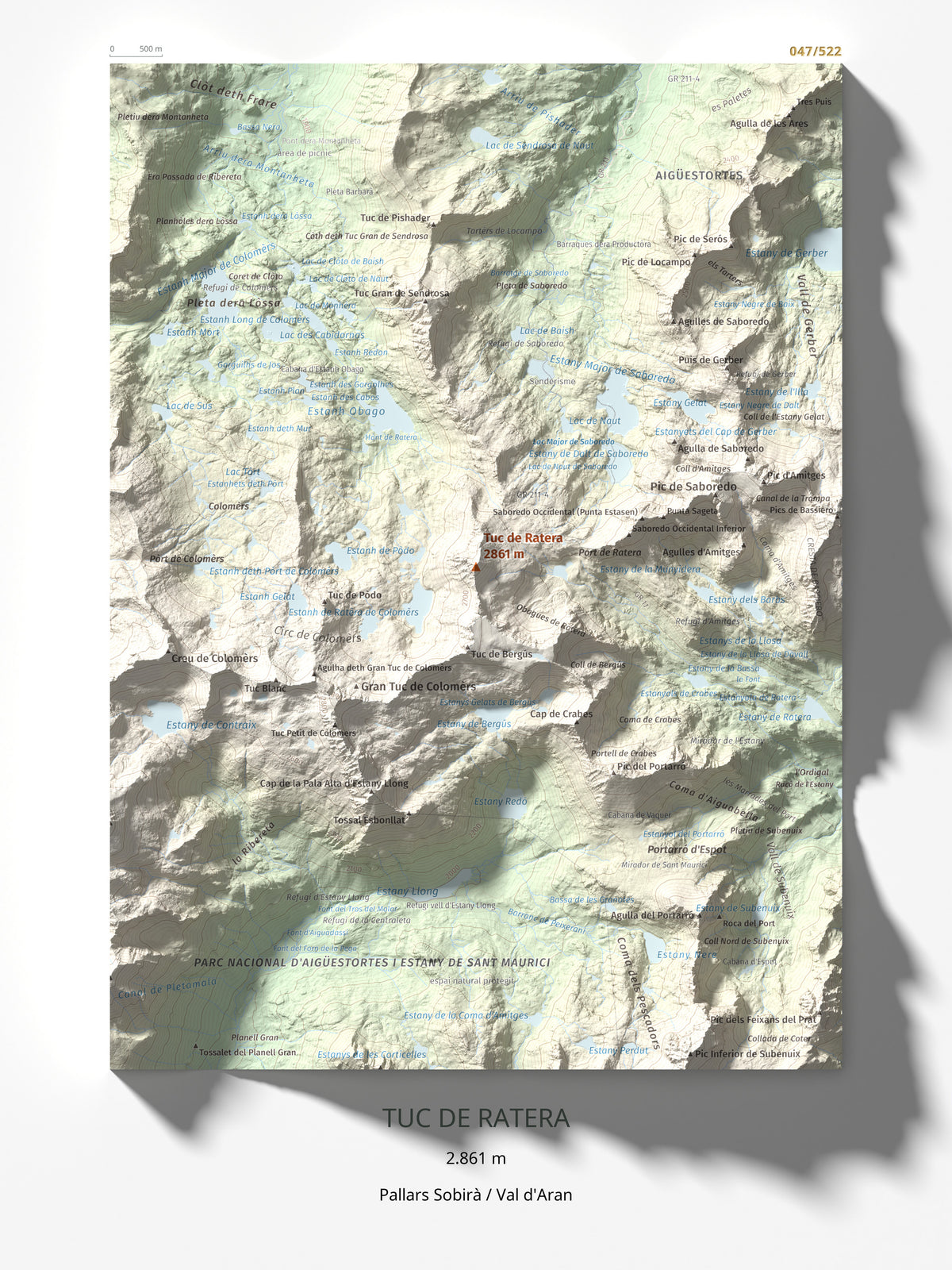 Mapa de relieve de Tuc de Ratera, 2861 m, Pallars Sobirà · Val d'Aran, lámina 100 Cims de Trobart 30 × 40 cm.