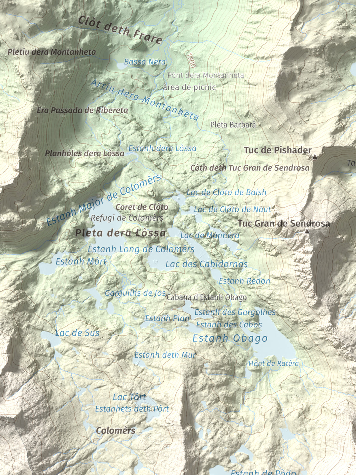 Mapa de relieve de Tuc de Ratera, 2861 m, Pallars Sobirà · Val d'Aran, lámina 100 Cims de Trobart. Detalle de la zona superior izquierda. 30 × 40 cm.