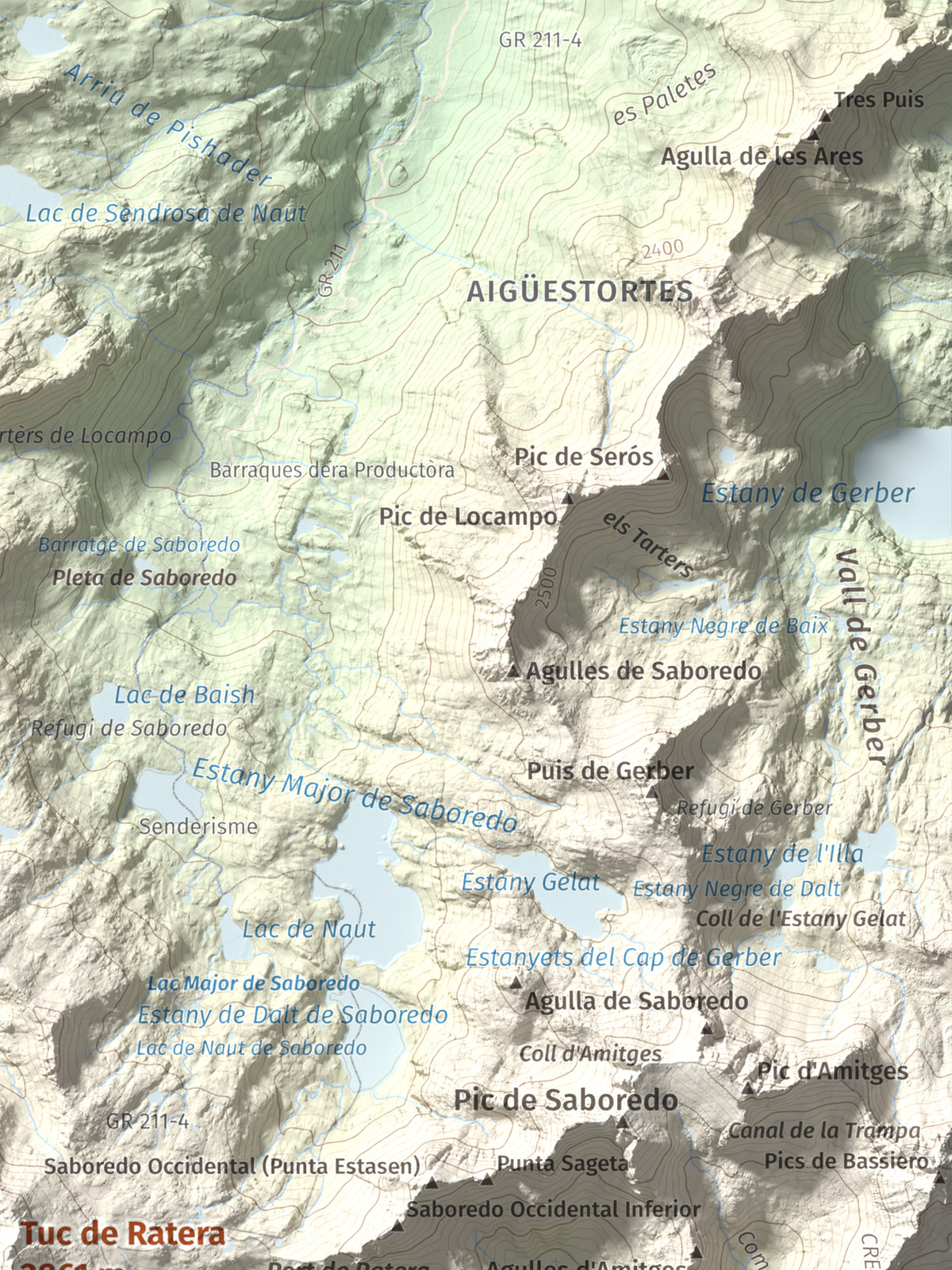 Mapa de relieve de Tuc de Ratera, 2861 m, Pallars Sobirà · Val d'Aran, lámina 100 Cims de Trobart. Detalle de la zona superior derecha. 30 × 40 cm.
