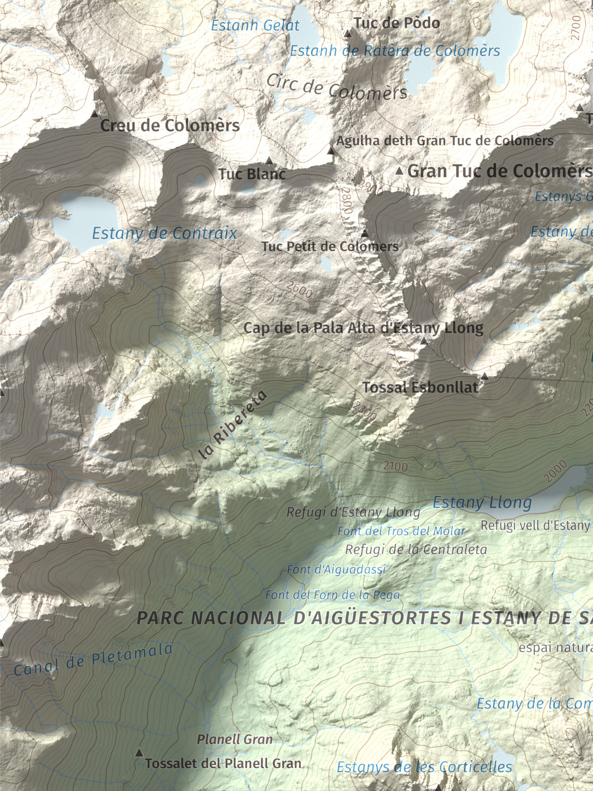 Mapa de relieve de Tuc de Ratera, 2861 m, Pallars Sobirà · Val d'Aran, lámina 100 Cims de Trobart. Detalle de la zona inferior izquierda. 30 × 40 cm.