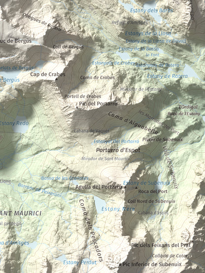 Mapa de relieve de Tuc de Ratera, 2861 m, Pallars Sobirà · Val d'Aran, lámina 100 Cims de Trobart. Detalle de la zona inferior derecha. 30 × 40 cm.