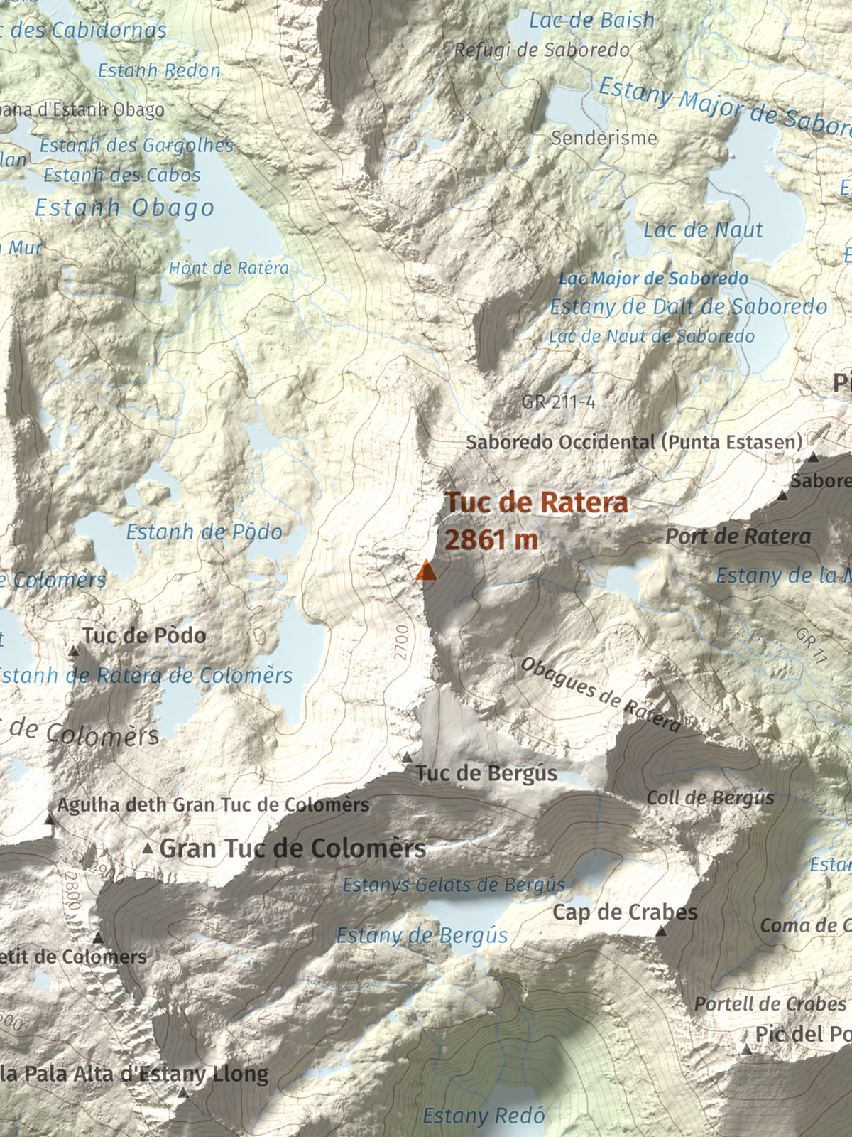 Mapa de relieve de Tuc de Ratera, 2861 m, Pallars Sobirà · Val d'Aran, lámina 100 Cims de Trobart. Detalle de la zona central. 30 × 40 cm.