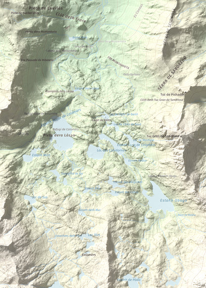 Mapa de relieve de Tuc de Ratera, 2861 m, Pallars Sobirà · Val d'Aran, lámina 100 Cims de Trobart. Detalle de la zona superior izquierda. 50 × 70 cm.