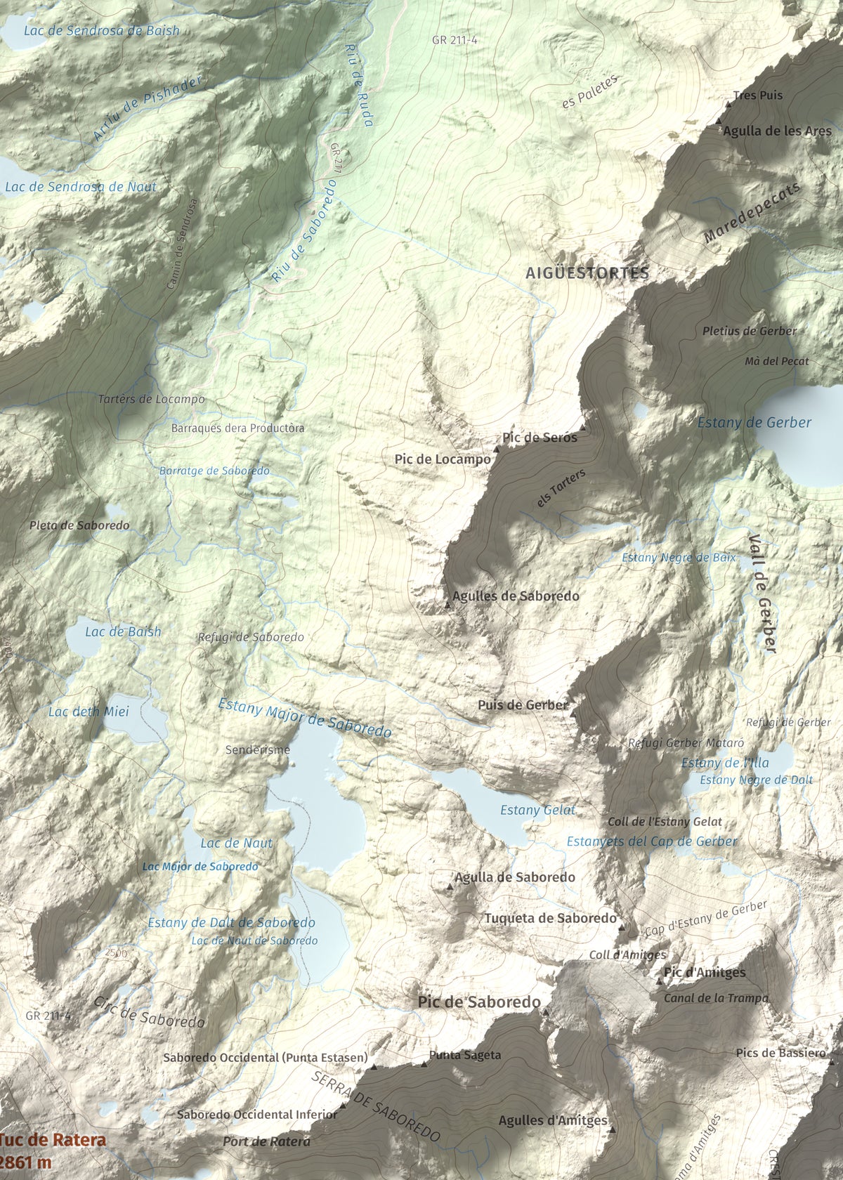 Mapa de relieve de Tuc de Ratera, 2861 m, Pallars Sobirà · Val d'Aran, lámina 100 Cims de Trobart. Detalle de la zona superior derecha. 50 × 70 cm.
