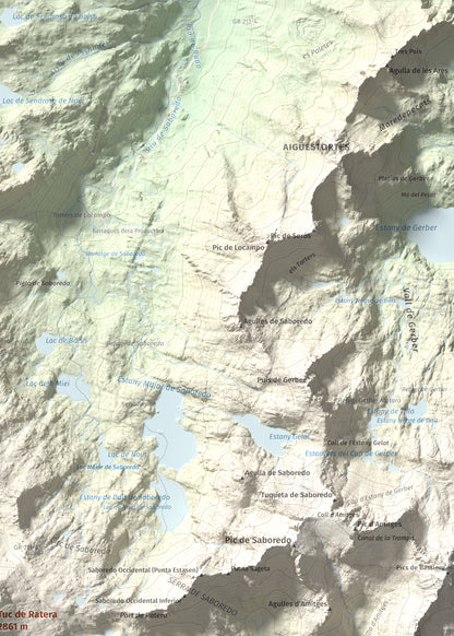 Mapa de relieve de Tuc de Ratera, 2861 m, Pallars Sobirà · Val d'Aran, lámina 100 Cims de Trobart. Detalle de la zona superior derecha. 50 × 70 cm.