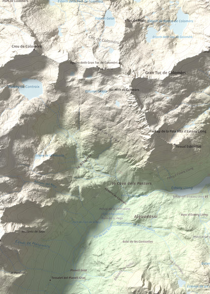 Mapa de relieve de Tuc de Ratera, 2861 m, Pallars Sobirà · Val d'Aran, lámina 100 Cims de Trobart. Detalle de la zona inferior izquierda. 50 × 70 cm.