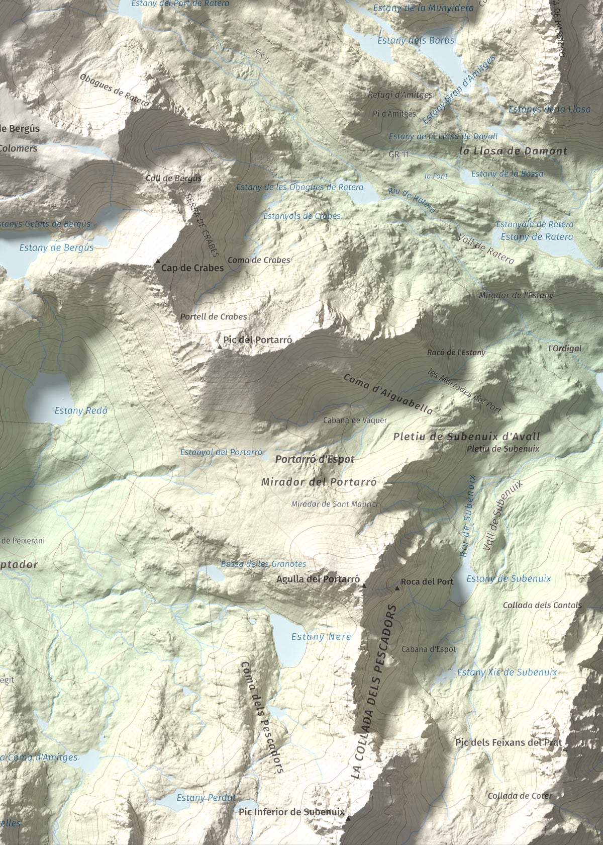 Mapa de relieve de Tuc de Ratera, 2861 m, Pallars Sobirà · Val d'Aran, lámina 100 Cims de Trobart. Detalle de la zona inferior derecha. 50 × 70 cm.