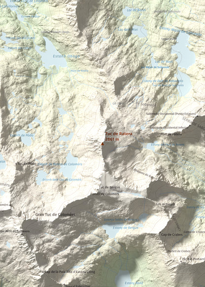 Mapa de relieve de Tuc de Ratera, 2861 m, Pallars Sobirà · Val d'Aran, lámina 100 Cims de Trobart. Detalle de la zona central. 50 × 70 cm.