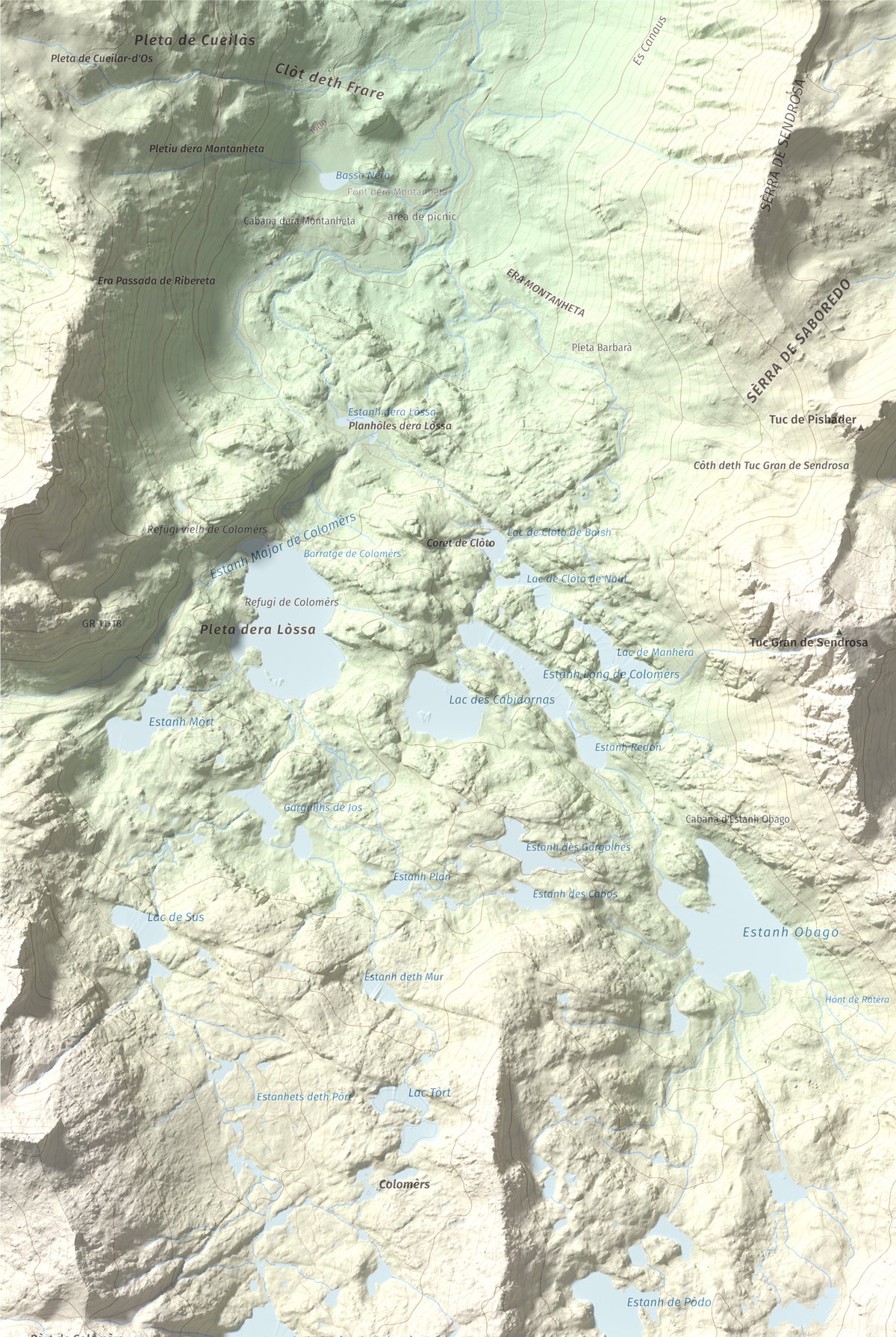 Mapa de relieve de Tuc de Ratera, 2861 m, Pallars Sobirà · Val d'Aran, lámina 100 Cims de Trobart. Detalle de la zona superior izquierda. 61 × 91 cm.