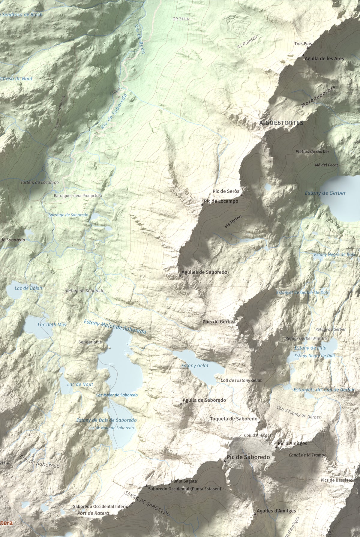 Mapa de relieve de Tuc de Ratera, 2861 m, Pallars Sobirà · Val d'Aran, lámina 100 Cims de Trobart. Detalle de la zona superior derecha. 61 × 91 cm.