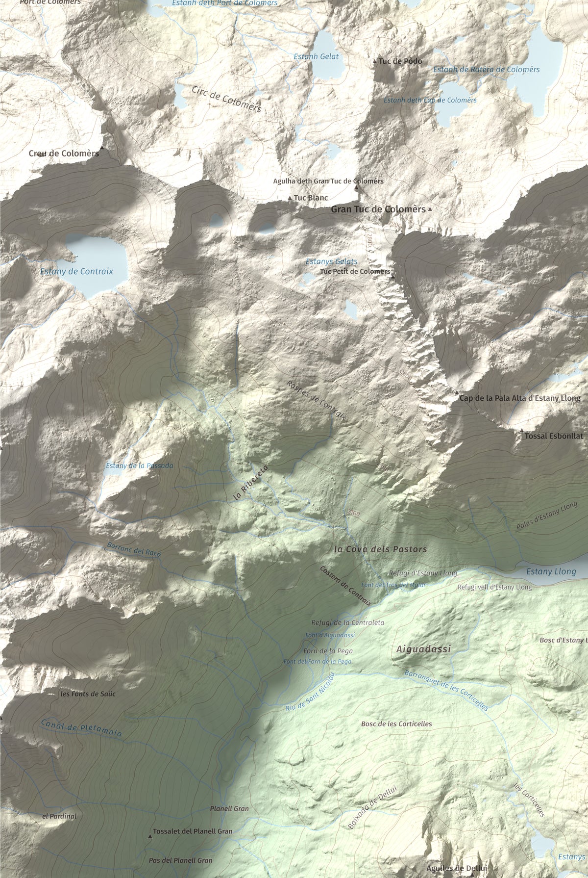 Mapa de relieve de Tuc de Ratera, 2861 m, Pallars Sobirà · Val d'Aran, lámina 100 Cims de Trobart. Detalle de la zona inferior izquierda. 61 × 91 cm.