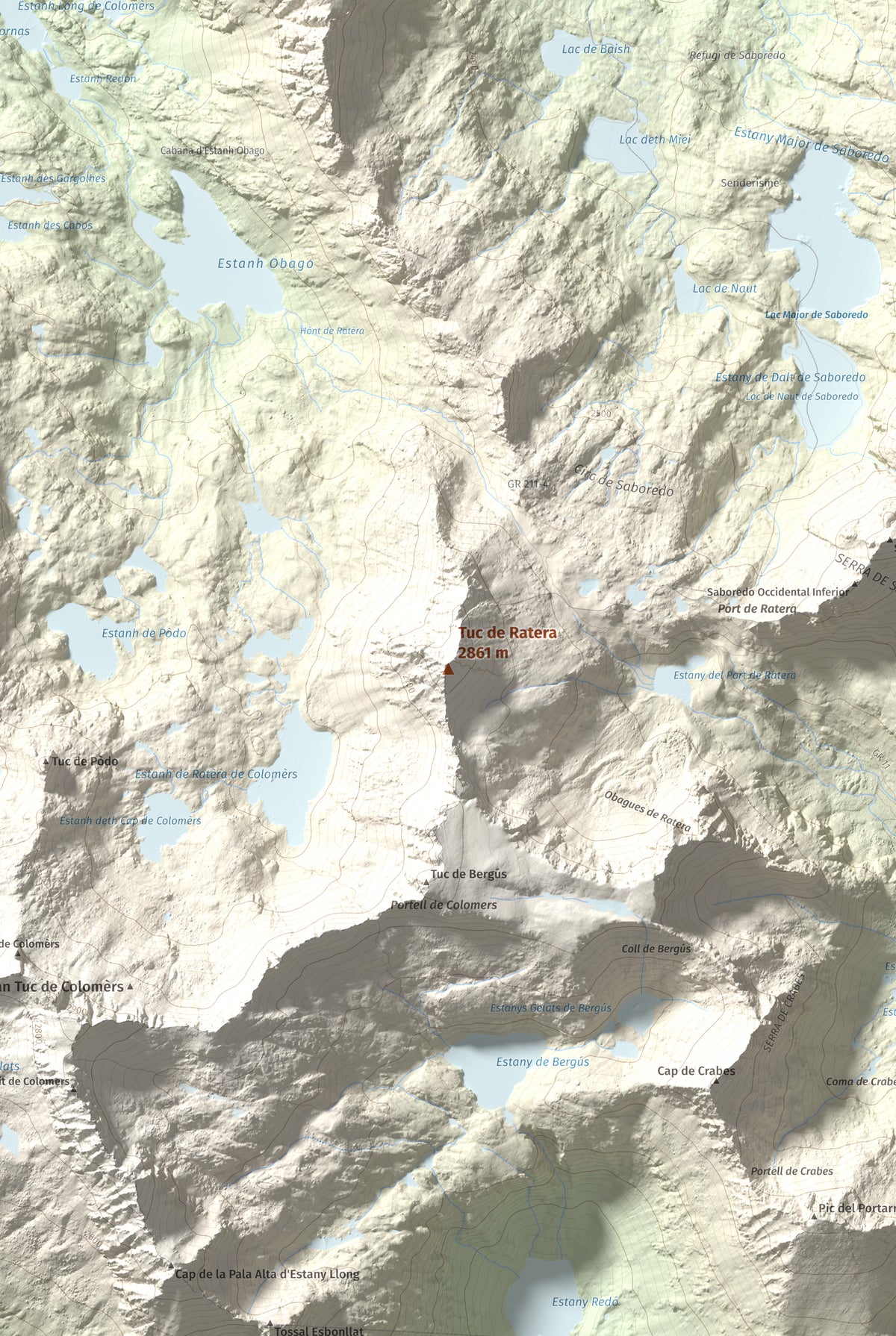 Mapa de relieve de Tuc de Ratera, 2861 m, Pallars Sobirà · Val d'Aran, lámina 100 Cims de Trobart. Detalle de la zona central. 61 × 91 cm.