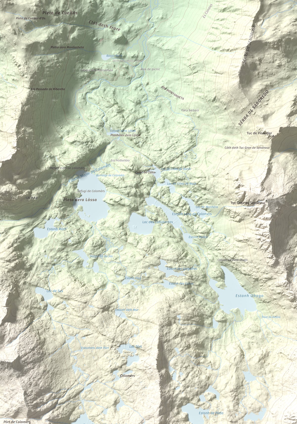 Mapa de relieve de Tuc de Ratera, 2861 m, Pallars Sobirà · Val d'Aran, lámina 100 Cims de Trobart. Detalle de la zona superior izquierda. 70 × 100 cm.