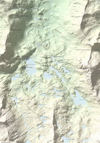 Mapa de relieve de Tuc de Ratera, 2861 m, Pallars Sobirà · Val d'Aran, lámina 100 Cims de Trobart. Detalle de la zona superior izquierda. 70 × 100 cm.