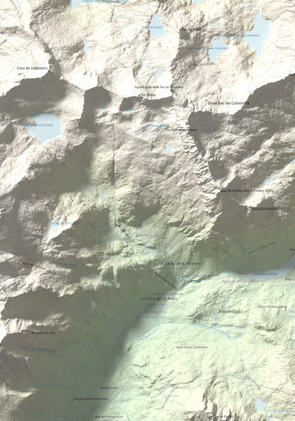 Mapa de relieve de Tuc de Ratera, 2861 m, Pallars Sobirà · Val d'Aran, lámina 100 Cims de Trobart. Detalle de la zona inferior izquierda. 70 × 100 cm.