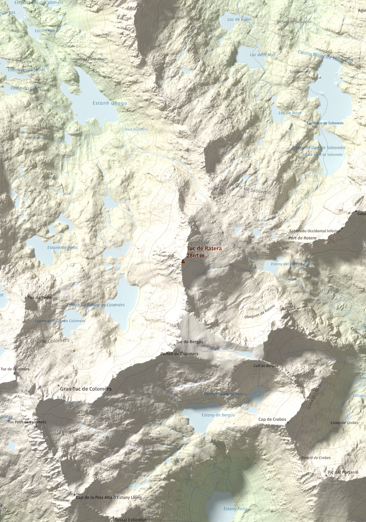 Mapa de relieve de Tuc de Ratera, 2861 m, Pallars Sobirà · Val d'Aran, lámina 100 Cims de Trobart. Detalle de la zona central. 70 × 100 cm.
