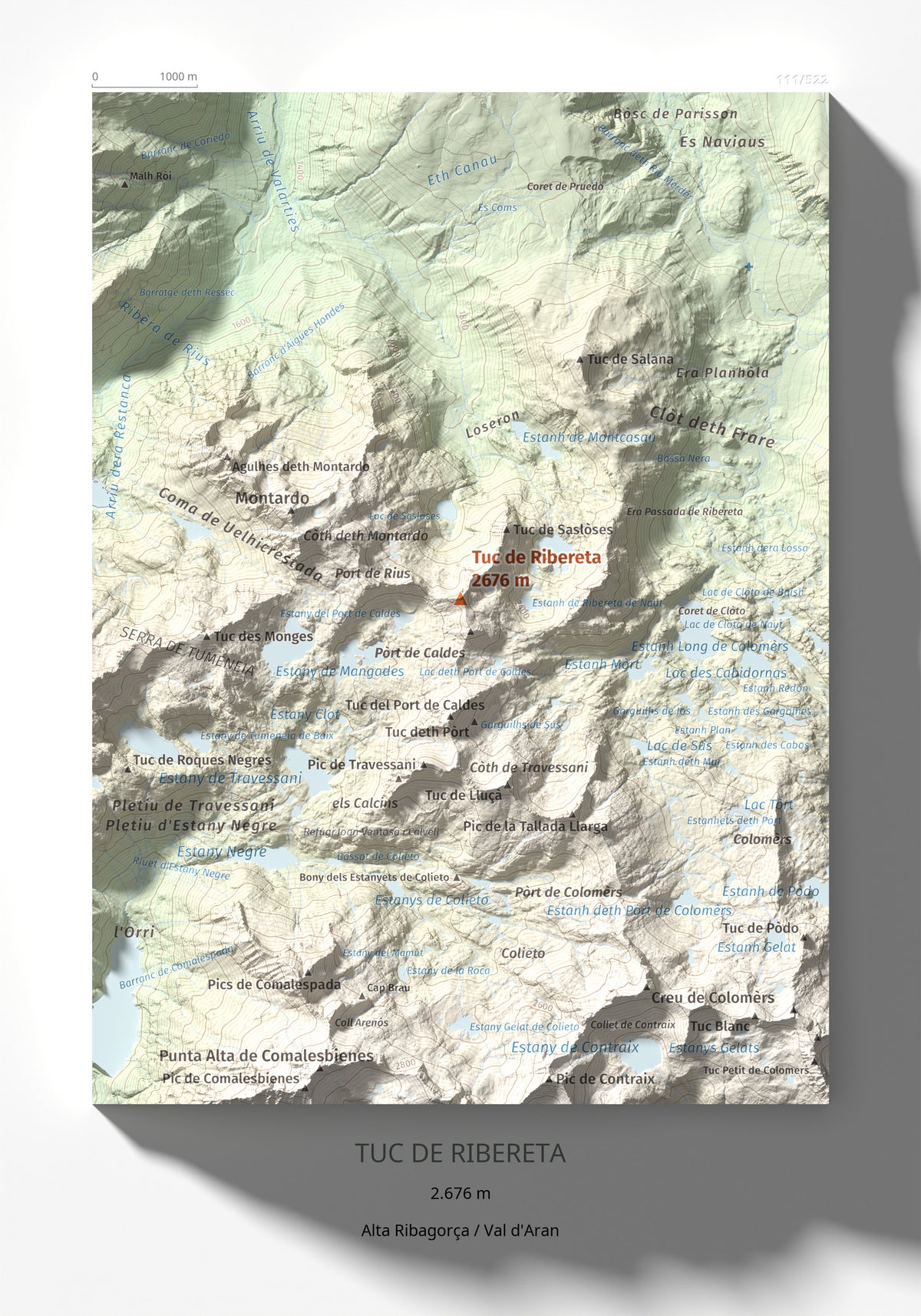 Mapa de relieve de Tuc de Ribereta, 2676 m, Alta Ribagorça · Val d'Aran, lámina 100 Cims de Trobart 21 × 30 cm.
