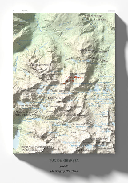 Mapa de relieve de Tuc de Ribereta, 2676 m, Alta Ribagorça · Val d'Aran, lámina 100 Cims de Trobart 21 × 30 cm.