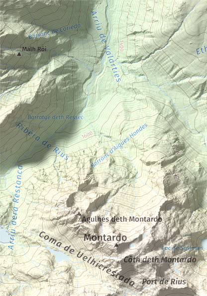 Mapa de relieve de Tuc de Ribereta, 2676 m, Alta Ribagorça · Val d'Aran, lámina 100 Cims de Trobart. Detalle de la zona superior izquierda. 21 × 30 cm.