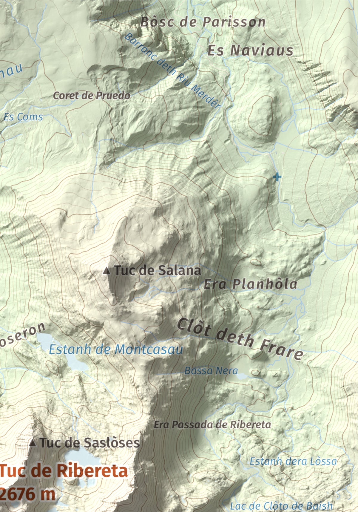 Mapa de relieve de Tuc de Ribereta, 2676 m, Alta Ribagorça · Val d'Aran, lámina 100 Cims de Trobart. Detalle de la zona superior derecha. 21 × 30 cm.
